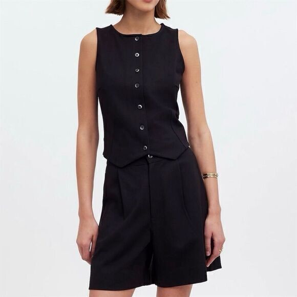 Nwt Madewell Women's Black Cutaway Button-Front Vest Xxs Casual Preppy Ponte